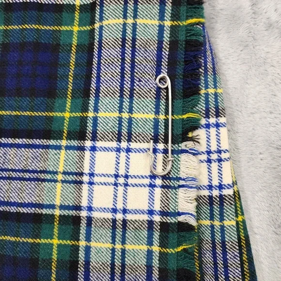 Vintage Skirt Women 14 Green Blue Tartan Plaid Wool Pleated Maxi Buckle Pin Kilt